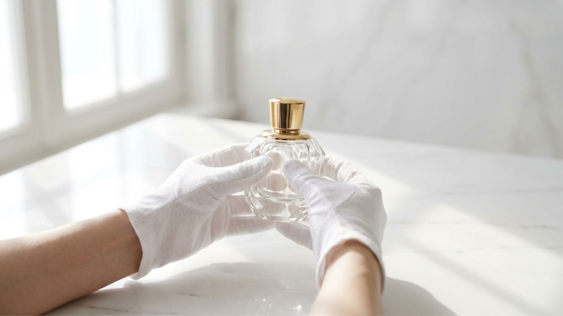 白手袋で丁寧に扱われるブランド香水の精密査定イメージ