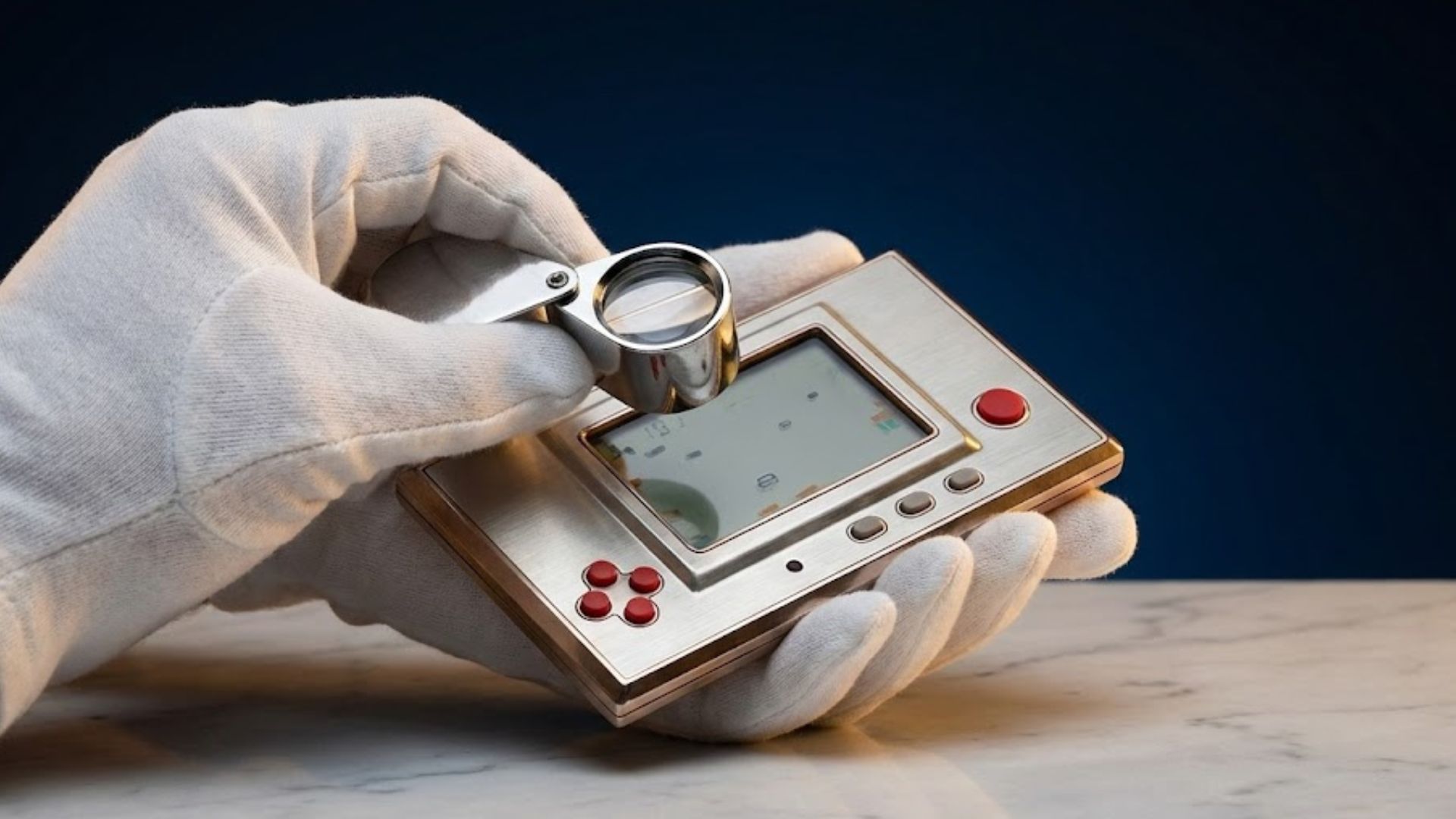 レトロな電子ゲームを精密に査定する風景イメージ