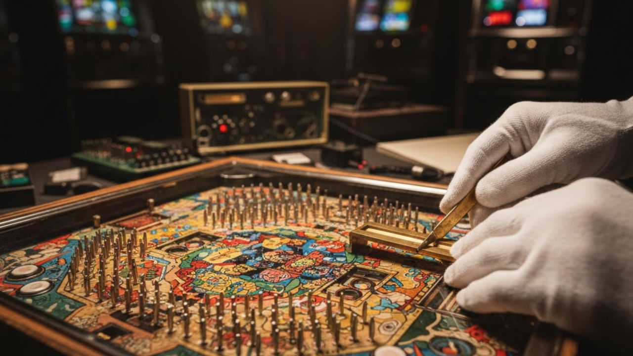 レトロパチンコの盤面を丁寧に清掃・鑑定する専門スタッフの風景