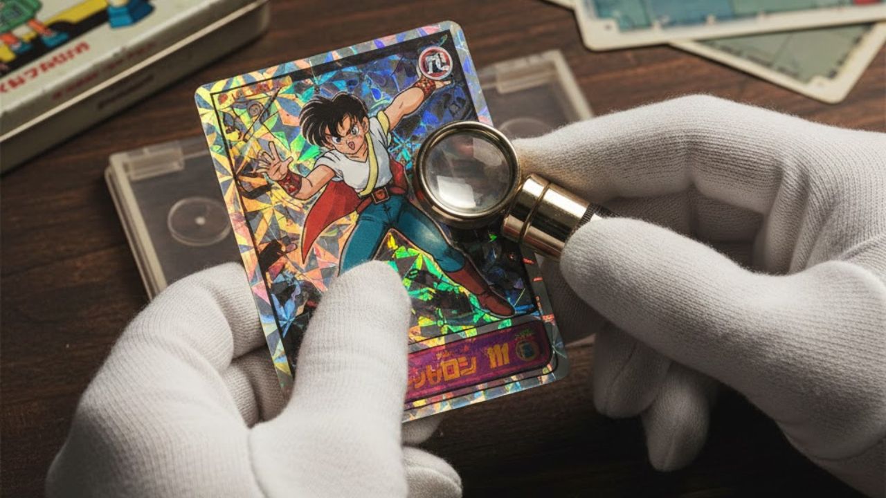 レトロアニメグッズを丁寧に鑑定する様子