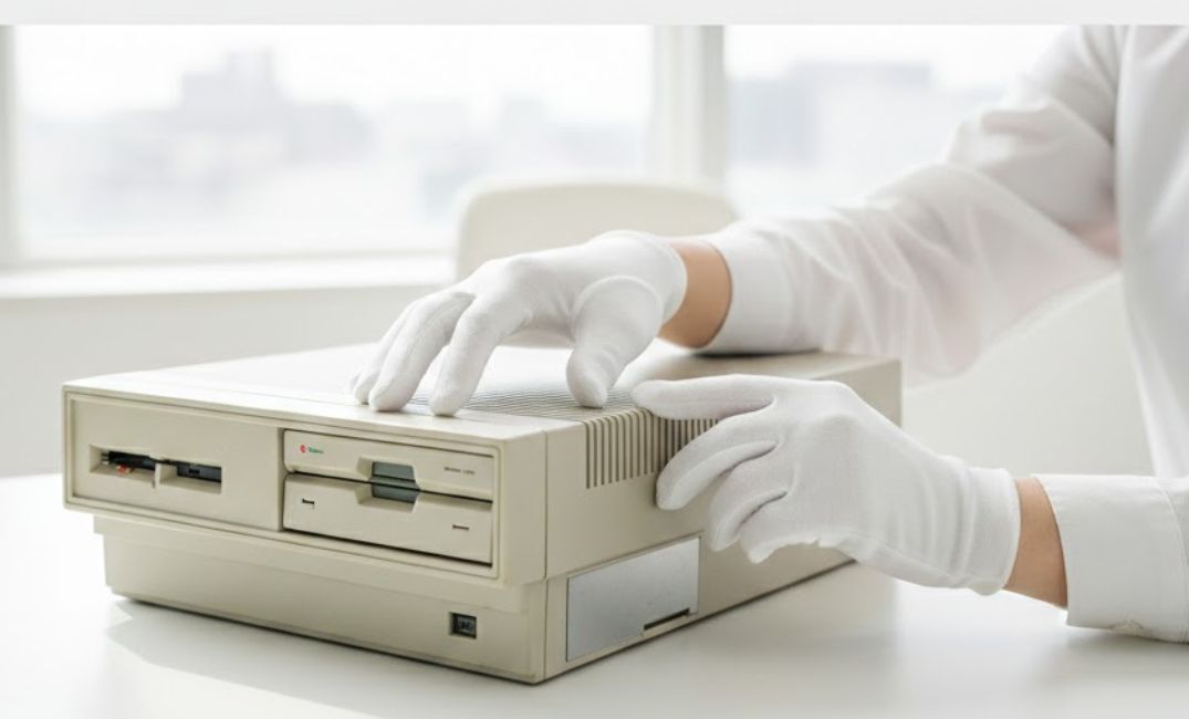 白手袋で丁寧に扱われるレトロPC本体の精密査定風景