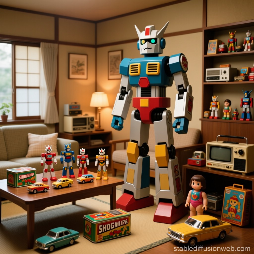 昭和レトログッズの大型コレクション 60cmの初代ゲッターロボと机上の小型ロボット数体を含