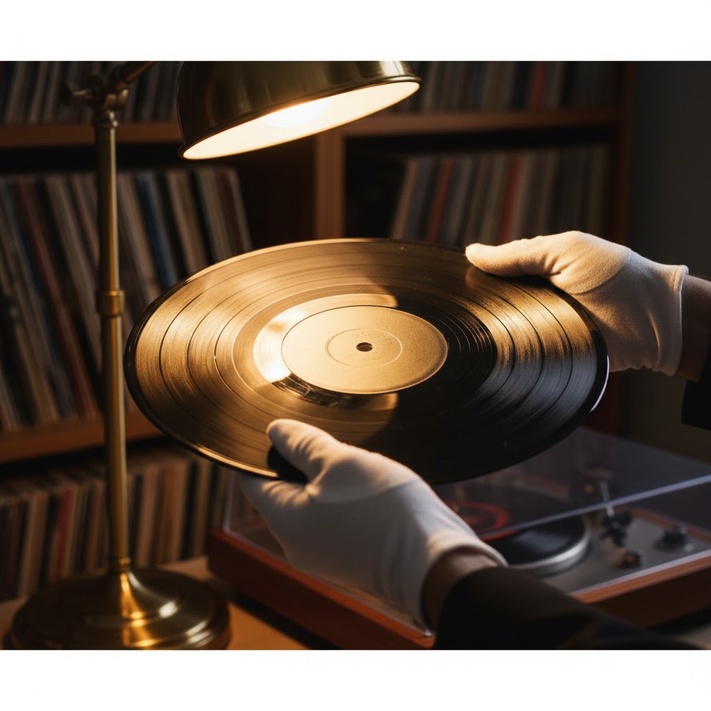 専門の鑑定士が白手袋を着用し、貴重な映画サントラのオリジナル盤レコードを丁寧に査定している様子
