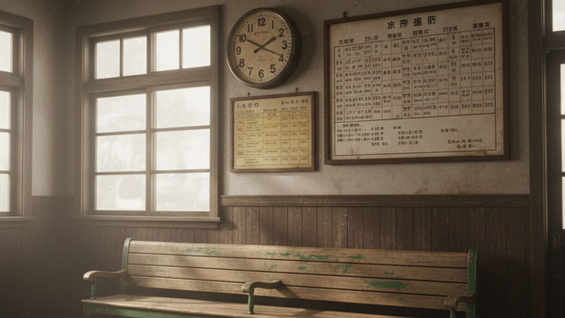 駅時計・木製ベンチ・手書き時刻表