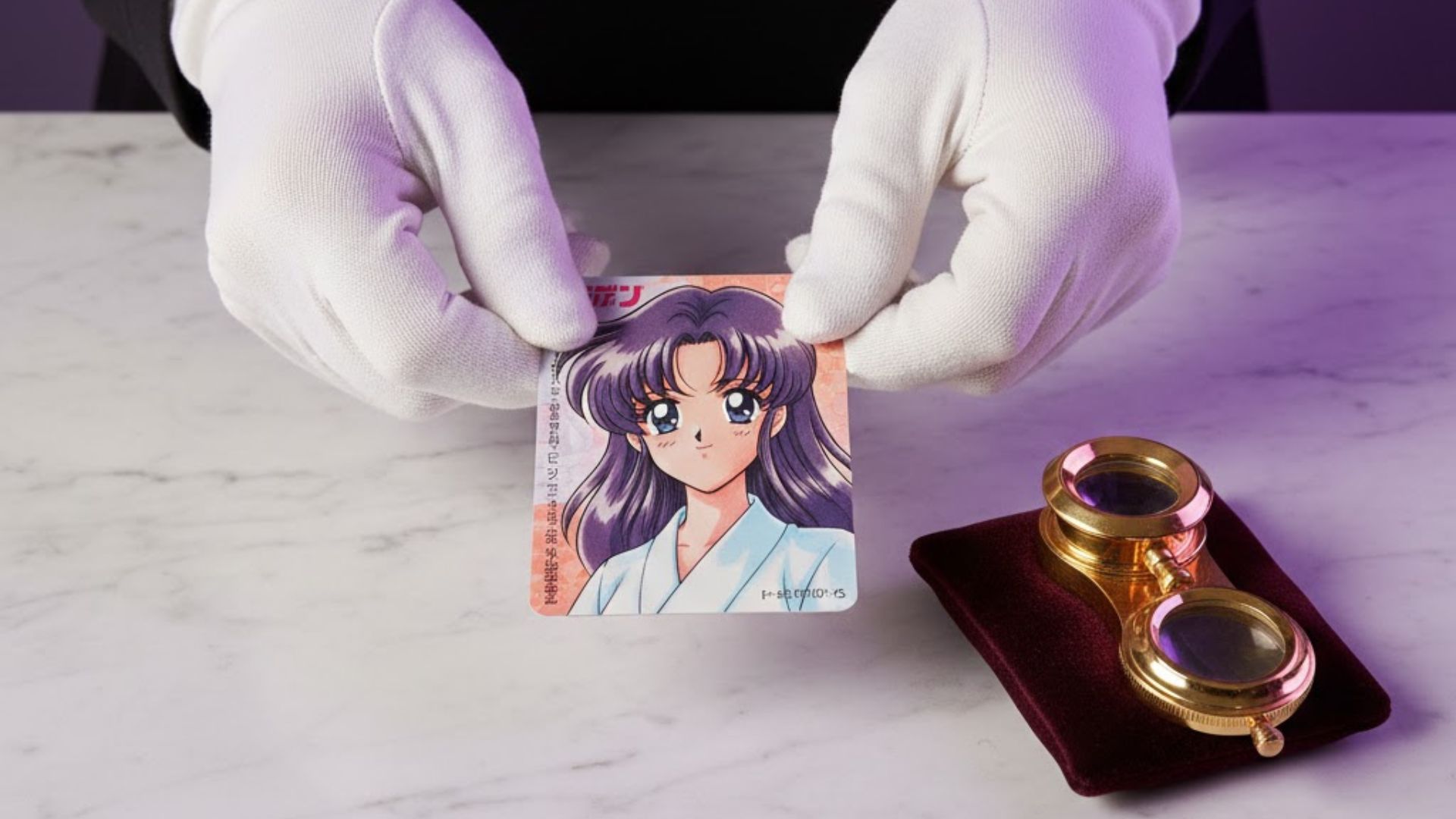 白手袋で丁寧に扱われる希少なコレクションテレカの査定風景イメージ