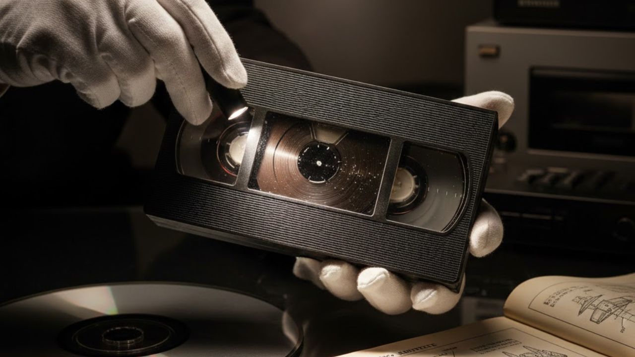 廃盤ビデオを丁寧に鑑定する様子