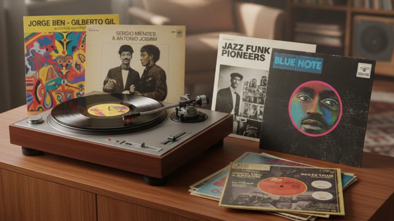 ボサノヴァやブラジリアン・ジャズのレコードとターンテーブル